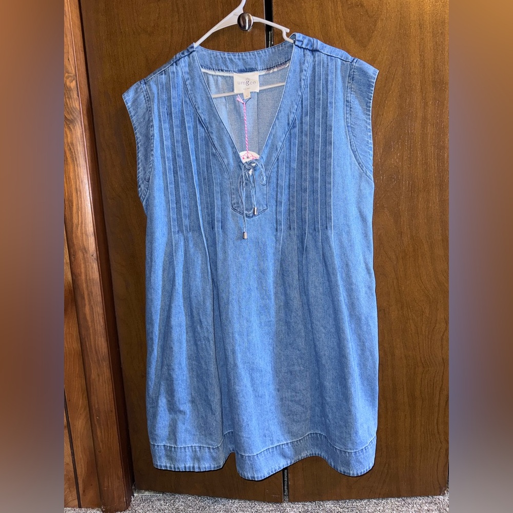 Umgee Light Blue Denim Pintuck Sleeveless Tunic